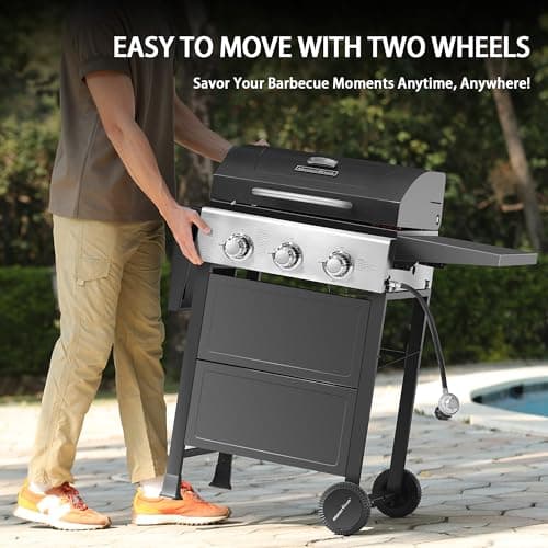 MASTER COOK 3 Burner BBQ Propane Gas Grill, Stainless Steel 30,000 BTU Patio Garden Barbecue Grill with Two Foldable Shelves