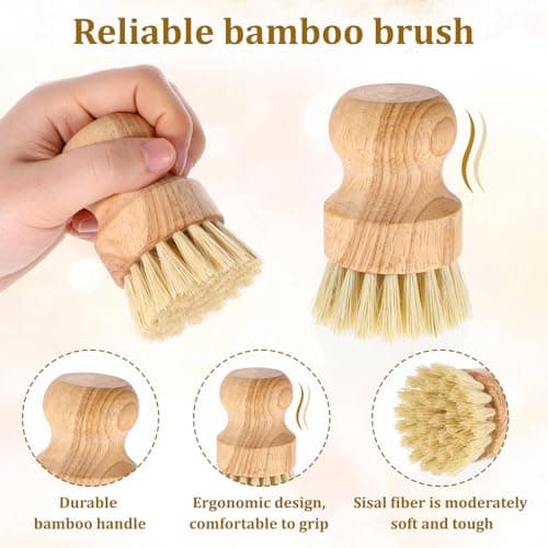 6 Packs Bamboo Dish Scrub Brushes Wok Brush Dish Scrubber Brush Kitchen Dishwashing Scrubber with Natural Bristles Bamboo Scrub Brush for Cleaning Pans, Pots, Sink