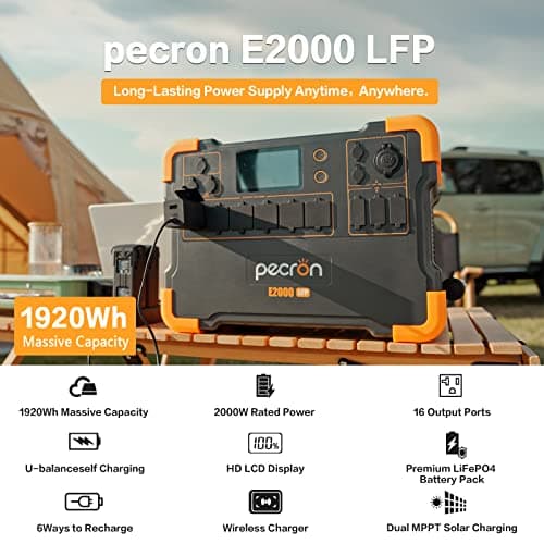 pecron Portable Power Station E2000LFP, 1920Wh Power Station 5X2000W AC Outlets, LiFePO4 Battery Backup Expandable to 8064Wh, 1200W Max Solar Input Solar Generator for Home, Camping, RV, Emergency