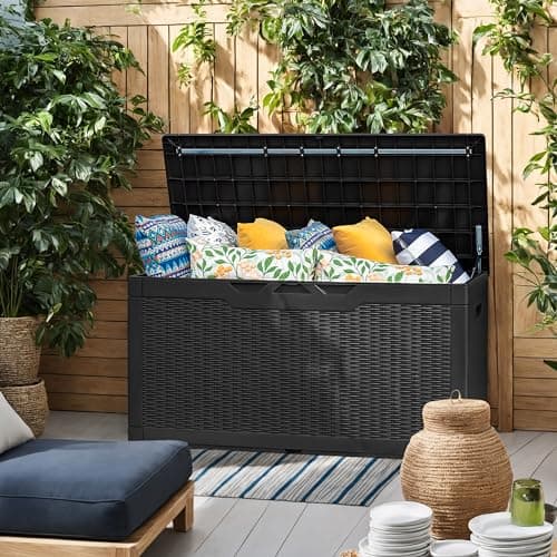 Flamaker Outdoor Storage Box 100 Gallon Waterproof Resin Deck Box Delivery Box with Air Rod Indoor Outdoor Lockable Storage Bench for Patio Cushions, Tools, Pool Accessories (Black)