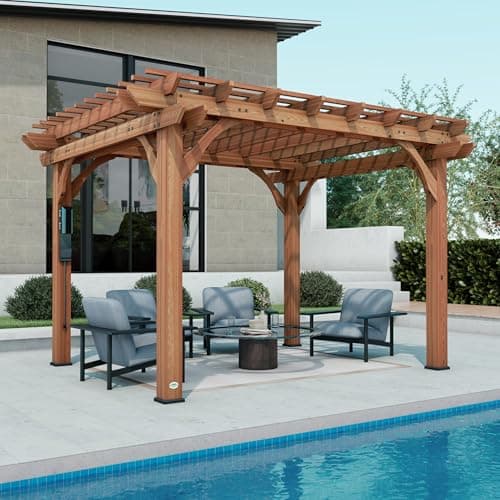 Backyard Discovery Beaumont 12' x 10' Traditional Cedar Wood Pergola Kit with Trellis Roof, All-Season Durability, High-Wind Rating, PowerPort, Shade for Outdoor Patio, Deck, Garden, and Entertaining