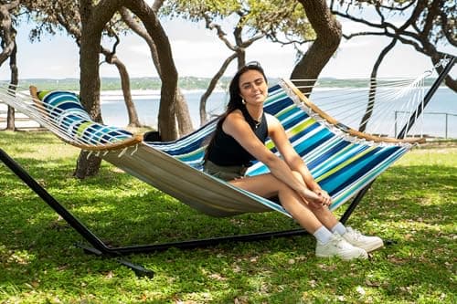 SUPERJARE Hammock with Stand, 2 Person Heavy Duty Hammock with Padded Cotton, Detachable Pillow & Strong Curved-Bar & Portable Carrying Bag, Perfect for Outdoor & Indoor - Dark Cyan