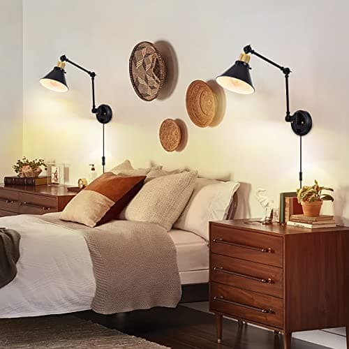 TRLIFE Wall Sconce Plug in, Dimmable Wall Sconce with Switch Swing Arm Wall Lights Plug in Wall Mounted Light Wall Sconces Lighting with 6FT Plug in Cord, E26 Base, UL Listed(Two Arms, 1 Pack)