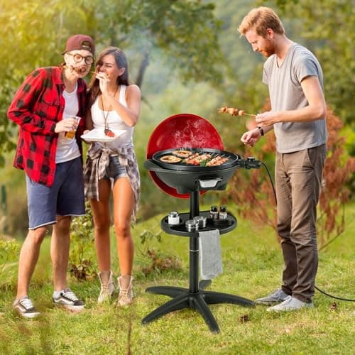 Giantex Electric Grill Indoor Outdoor, Non-stick Grill Griddle Plate, 3 Cooking Zones, Temperature Control, Drip Tray, 1350W 200sq.in BBQ Grill for Balcony Apartments Backyard Party Camping (Red)