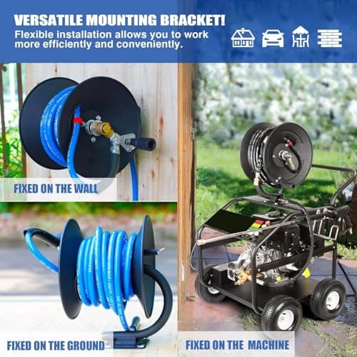 Heavy Duty Power Washer Hose Reel - 50ftx3/8' / 65ftx1/4', M22-14 Fitting, Wall/Trailer/Van Mount, Manual Crank