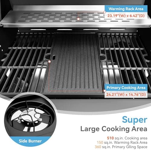 2 in 1 Propane Gas BBQ Grill with Side Burner & Porcelain-Enameled Cast Iron Grate, 4-Burner Flat Top Grill, 46,700 BTU Outdoor Barbecue Propane Griddle Grill Combo for Camping, Patio, Backyard