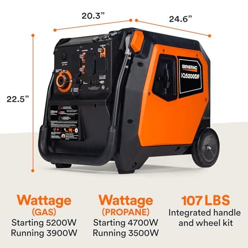 Generac 5,200-Watt Dual-Fuel Portable Inverter Generator - Gas and Propane Compatible - Compact and Lightweight Design - Clean, Stable Power - COsense Technology - Orange/Black - 49 State Compliant