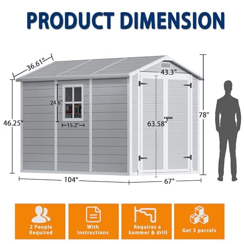 8.7x5.5 FT Outdoor Storage Shed with Floor, Weather-Resistant Resin Shed with Window, Lockable Door and Vents, Plastic Outside Tool Storage Sheds for Garden, Backyard, Lawn