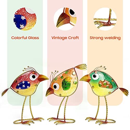 Garden Decor for Outside,Funny Metal & Glass Bird Decor for Indoor & Outdoor Set of 3,Yard Art Decor,Garden Art Statues Decorations,Colorful and Patriotic