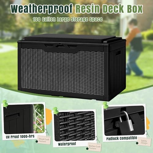 Greesum 100 Gallon Resin Deck Box Large Outdoor Storage with Cushions for Patio Furniture, Garden Tools, Pool Supplies, Weatherproof and UV Resistant, Lockable, Black