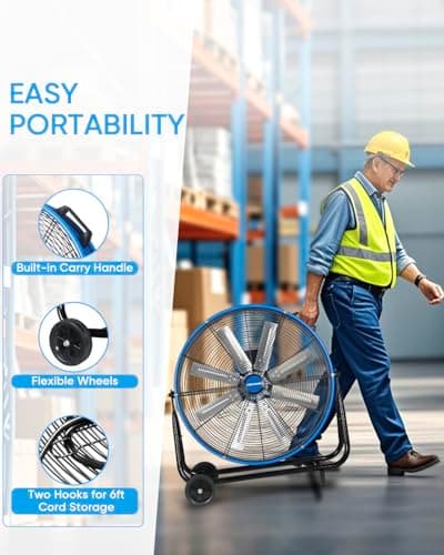 KEN BROWN 24 Inch Industrial Drum Fan, High Velocity Floor Shop Fan, Heavy Duty, 9500 CFM, 8 Blades, 3 Speeds, 360 Degree Tilt, Ideal for Industrial, Commercial, Gym, Garage Use, Blue
