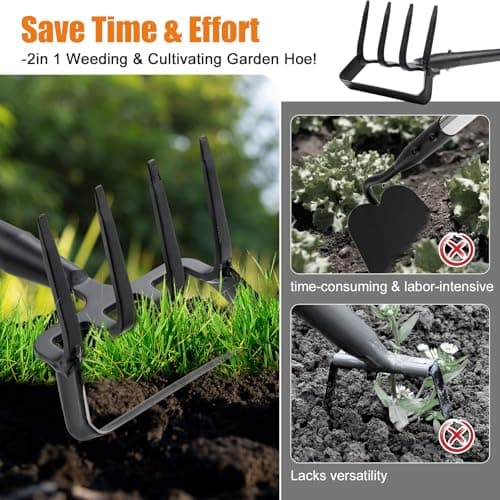 Garden Hoe Tool - Heavy Duty 2 in 1 Hula Scuffle Hoes with Cultivator Tiller for Weeding Grass,Loosening Soil,Sharp Blade,36-60” Long Handle,Push Pull Action Hoe with Scraper Rake for Gardening