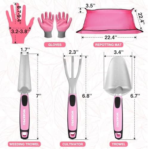 WORKPRO 5PCS Garden Tool Set, Powder Coating Compact Aluminum Gardening Tool Set with Repotting Mat, Outdoor Garden Hand Tools, Ideal Gardening Gift, Pink
