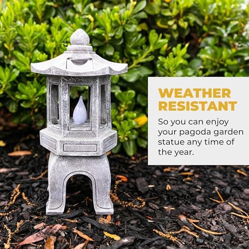 VP Home Solar-Powered Pagoda Garden Statues - Japanese Zen Lantern Outdoor Decor with Flickering LED Light - Durable Polyresin for Yard, Patio, or Garden - 12 x 7 x 6 Inches (Zen Garden Pagoda)