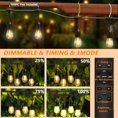50FT Outdoor String Lights Waterproof with 30+2 Bulbs(𝟏.𝟓𝐅𝐓 𝐁𝐮𝐥𝐛𝐥𝐬 𝐒𝐩𝐚𝐜𝐢𝐧𝐠), Remote & Dimmer, Commercial Grade Patio Lights with 3 Mode Light & Timing,100PC Ties for Outside