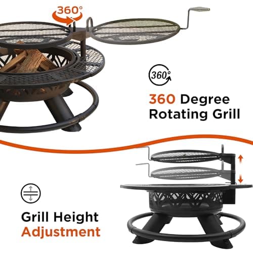 Red Mountain Valley 47" Outdoor Fire Pit with Adjustable Grill, 2-in-1 Large Wood Burning Round Fire Pits, Metal Outdoor Fireplaces, Round Metal Table for Patio, Backyard, Black