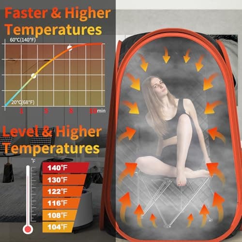 FIOCCO Portable Sauna Box, Portable Sauna for Home with 2.6L Steamer Generator, Remote Control, Portable Chair & Floor Mat, Full Body Personal Saunas Tent for Health, 9 Levels, Orange