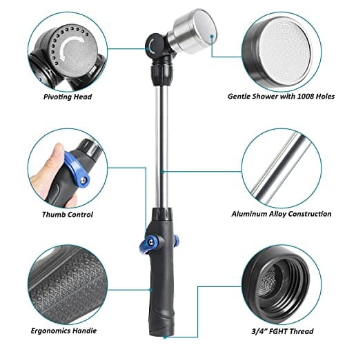 STYDDI Soft Rain Watering Wand with Pivoting Head and Thumb Control, 18" Gentle Classic Rain Wand with 1008Holes Stainless Head, Perfect for Hanging Baskets, Planters, Greenhouses and Seedbed