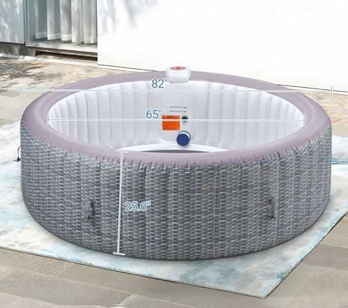 82" Inflatable Hot Tub with 130 Bubble Jets, Rattan Portable Outdoor Spa for 4-6 Adults, Smart Heating up to 104°F, Build in FastFill System, 6 Replaceable Filters (Round Laminated PVC)