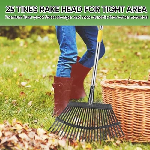 Rake Heavy Duty 6FT Long Garden Rake , 18.5 Inch Wide, 25 Metal Tines, Adjustable Stainless Steel Handle, Leaf Rakes for Leaves, Yards, Grass, Garbage, Weeds, Debris (Yellow)