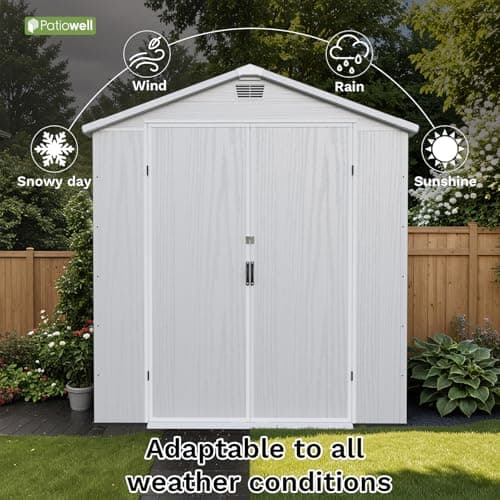 Patiowell 6 x 10 FT Plastic Outdoor Storage Shed with Floor, Resin Outside Tool Shed with Two Windows and Lockable Door for Garden, Backyard, Tool Storage Use, Easy to Install, Light Grey