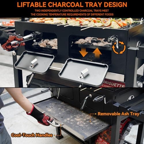 Onlyfire Extra Large BBQ Charcoal Grill with Versatile Cooking Grate and Warming Rack, Outdoor Barbecue Stove with Dual-Zone Adjustable Charcoal Tray, Grill Cover Included, Black GS339