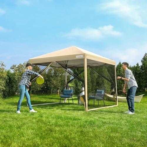 VIVOHOME 10x10ft Easy Pop-Up Canopy, Outdoor Screen Tent with Mosquito Netting, 2 Zipper Doors, and Roller Bag for Yard Camping Picnic Party Events, Beige