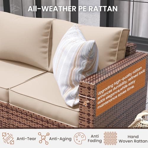 UDPATIO Patio Furniture Set with Fire Pit Table, 4 Pieces Outdoor Furniture Sets, Wicker Rattan Patio Conversation Sets with Outdoor Sofa Waterproof Covers for Porch Deck Backyard, Khaki