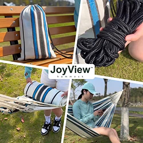 JoyView Brazilian Double Hammock with Hanging Ropes Extra Large 86.6x59” Portable Cotton Hammock for Patio Backyard Porch 450LBS Weight Capacity Perfect for Outdoor/Indoor - Color Stripes