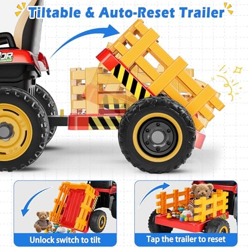 24V Ride On Tractor w/Tiltable & Detachable Trailer, 2x65W Motors, EVA Tires, Remote Control, Bluetooth, Shifter, Music, Electric Car for Kids Ages 2-5, Red