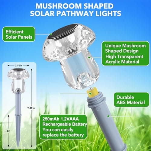 Solar Lights Outdoor, 8 Pack Solar Pathway Lights Outdoor, Solar Powered LED Mushroom Solar Garden Lights, Outdoor Solar Lights for Yard, Landscape, Path, Patio, Outside,Driveway,Backyard (Warm White)