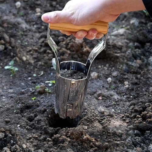 Bulb Planter Tool, 4 Inches Depth Mark Hand Bulb Planter, Non-Bending Stainless Steel Bulb Planter Digger, Garden Bulb Transplanter with Comfortable Grip Wooden Handle for Tulip and Daffodils