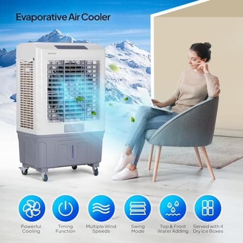 ROVSUN 4100CFM Portable Air Cooler, 13.2Gal/50L Evaporative Swamp Cooler, 3-IN-1 Cooling Fan with Remote Control, 3 Speeds, 7.5H Timer & 4 Ice Box, Humidifying Oscillating Fan for Indoor or Outdoor