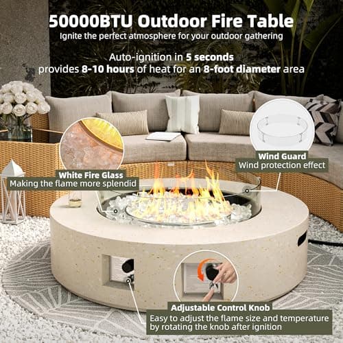 UPHA 42-inch Outdoor Propane Gas Fire Pit Table 50000 BTU Concrete Rectangle FirePit for Outside Patio with Propane Tank Cover, Wind Guad, White Glass Rocks, Rain Cover,Beige