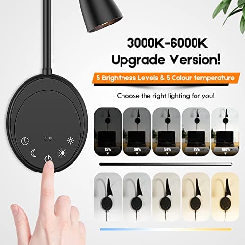 Wall Mounted Reading Light, Bedside Headboard Lights with 5 Dimming & Color Temperature, USB Output, Night Light & Timers Function, Flexible Gooseneck 3000K-6000K Upgrade Bed Lamp (Black)