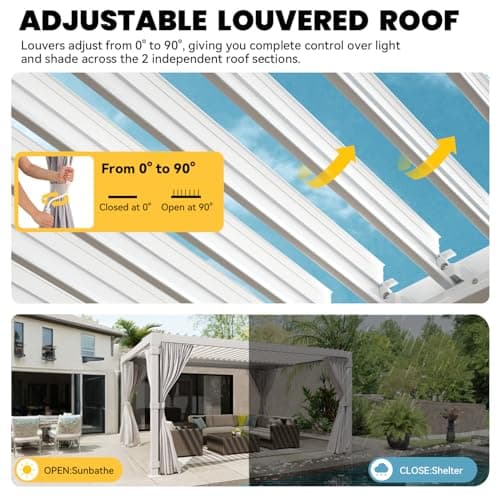 Louvered Pergola 10x12ft, Adjustable Aluminum Pergola with Waterproof Curtains and Nets, Sun & Rain Shade for Patio, Modern DIY Outdoor Living Upgrade, White
