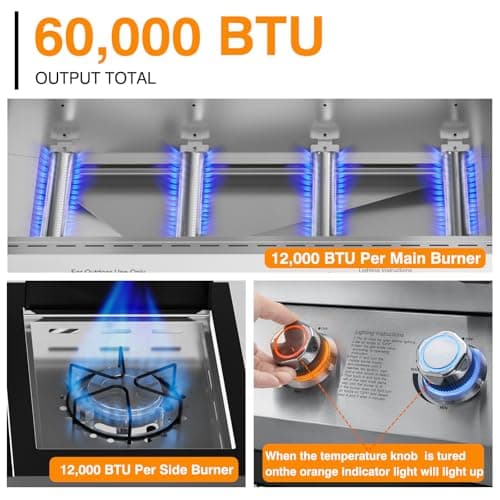 4 Led Burner Propane Gas Grill with Side Burner, Stainless Steel Gas Grill with Built-in thermometer & Enameled Cast Iron Grates, 60,000 BTUs Output for Outdoor Cooking and Patio Backyard Barbecue