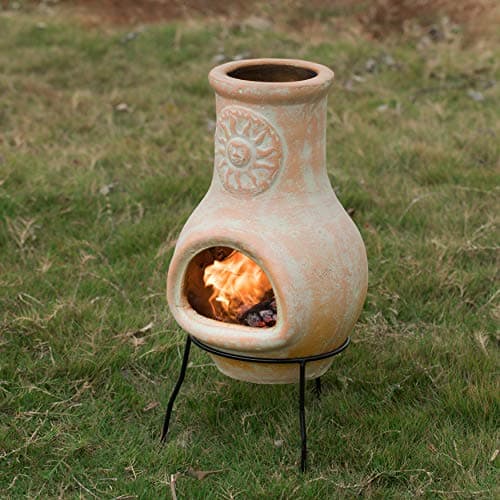 Beige Outdoor Clay chiminea Outdoor Fireplace Sun Design Charcoal Burning Fire Pit with Sturdy Metal Stand, Barbecue, Cocktail Party, Family Gathering, Cozy Nights Fire Pit