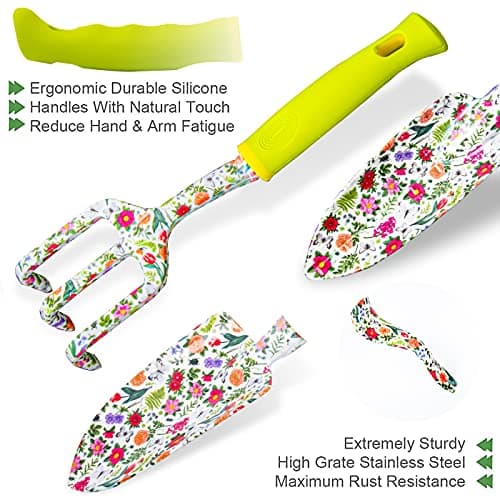 Garden Tool Set 9 Piece Heavy Duty Aluminum Gardening Hand Tools Kit Cute Gardening Supplies with Non-Slip Rubber Grip Gift for Women/Parent