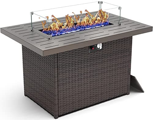 44 Inch Propane Gas Fire Pits Table for Outside Patio, 60000 BTU Rectangular Outdoor Wicker Rattan Fire Pit with Glass Wind Guard