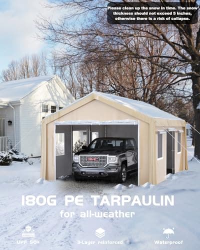 10'x20' Windproof Carport Heavy Duty, Portable Garage with 4 Roll-Up Doors, 4 Mesh Windows, 180g PE Top Cover, and Reinforced Frames, for Full-Size Sedans, Bass Boats, and SUVs, Khaki