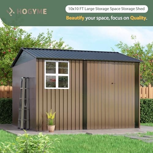 10x10 FT Large Outdoor Storage Shed, Metal Clearance Tiny Home with Windows & Lockable Doors for Backyard Garden, Patio Lawn, Placing Tools/Sundries/Guarder Inhabit/Raise Chickens/Poultry