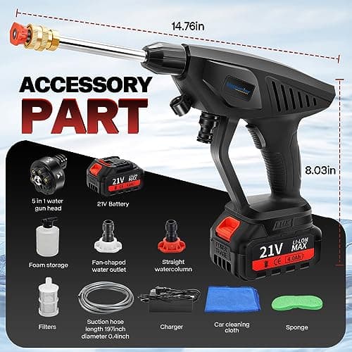 Vagueior Cordless Pressure Washer Gun, Portable Power Cleaner,with 21V 3.0AH Battery and Charging Kit, 5-in-1 Nozzle, Suitable for Outdoor Cleaning and Watering. (1 Battery, BLACK)