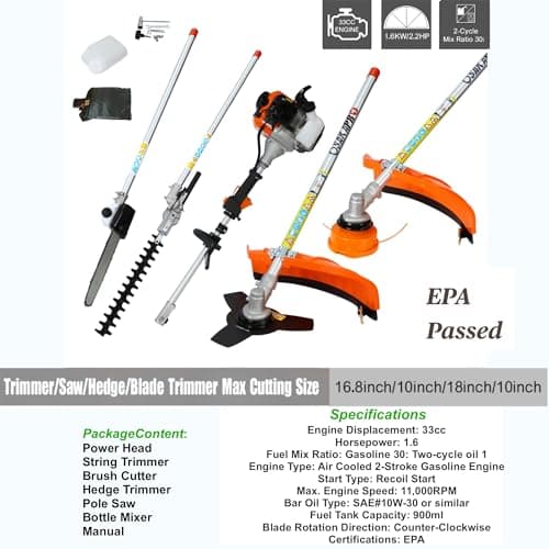 33cc 2-Cycle Gas Multi-Trimmer | 4-in-1 String Trimmer w/Rotatable Pole Saw, Weed Eater Weed Wacker, Brush Cutter & Hedge Trimmer Gas for Lawn, Yard, Garden Care, All-in-one Garden Tool