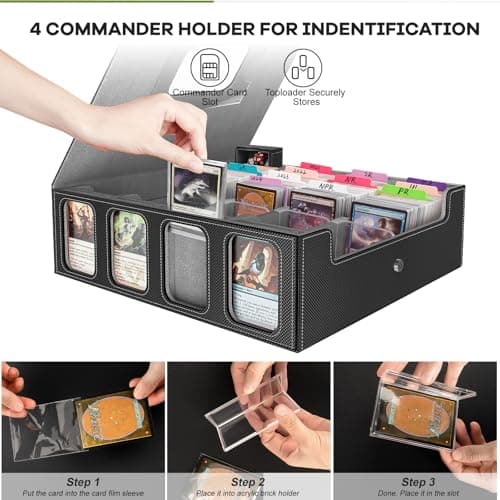 3200+ Trading Card Storage Box with Commander Display, 4-Row Card Deck Box with Portable Handle, Compatible for YuGiOh/MTG/TCG Cards, 30 Colorful Divider, 8 Supporters, 1 Dice Tray (Black & Grey)