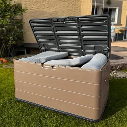 100 Gallon Elegant Pro Edition Lockable Resin Deck Box, Waterproof & UV-Resistant Outdoor Storage Box for Outdoor Cushion Storage, Tools Storage and Outdoor Delivery, Coffee