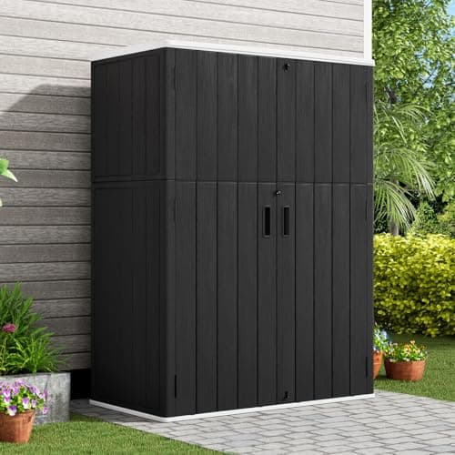 KINYING Outdoor Vertical Storage Shed,57 Cu.ft Outdoor Storage Cabinet Waterproof,Resin Sheds & Outdoor Storage Clearance for Garden,Patio,Backyard,Lockable (Black)