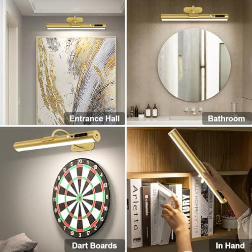 Hapfish Motion Sensor Battery Operated Wall Sconce, Wireless Picture Lights for Wall, Rechargeable Magnetic Art Lighting with Remote Control, Battery Picture Light for Poster Dartboard Mirror – Gold