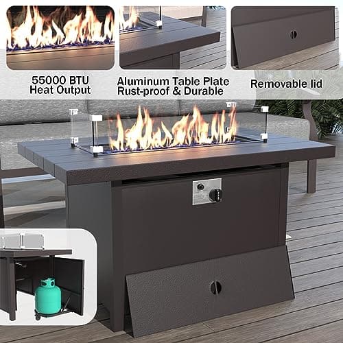 ALAULM Aluminum Patio Furniture Set with Propane Fire Pit Table 5-seat Metal Outdoor Furniture w/Fire Pit Patio Sectional Sofas w/5.2" Cushions for Patio, Backyard, Poolside-Grey