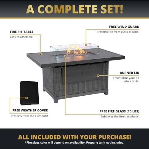 Kinger Home Novi Rattan 52-Inch Propane Gas Fire Pit Table with Rectangular Aluminum Frame - CSA Certified, 50,000 BTU Outdoor Patio Firepit, Includes Wind Guard and Fire Glass, Grey